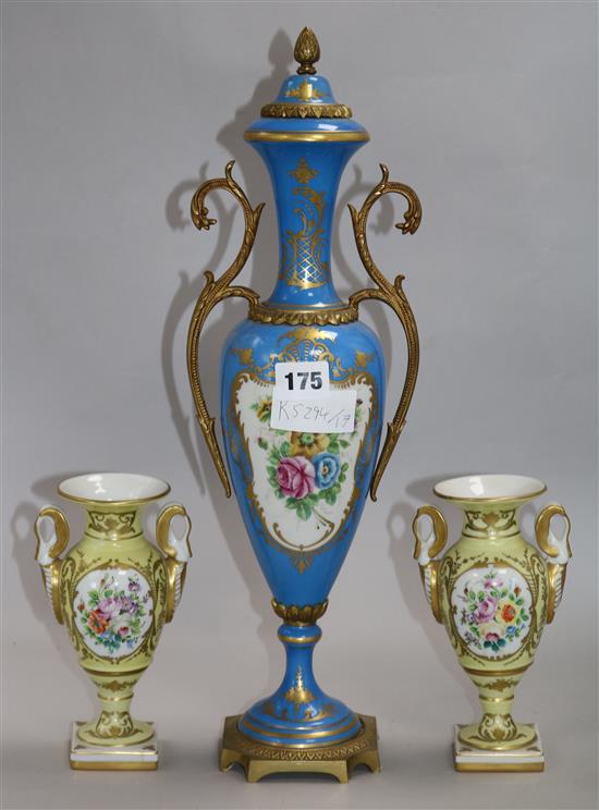 A Continental gilt metal mounted porcelain vase, 44cm and a pair of French porcelain vases, 16cm